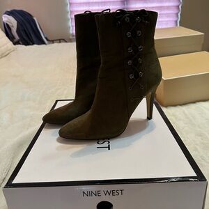 Nine West Olive Green Suede Lace-Up Stiletto Ankle Boots